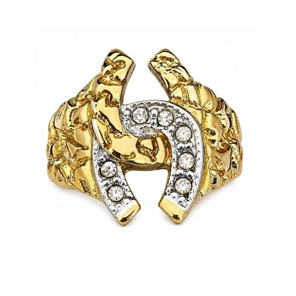 Vintage 1980s Ring Size 11 Horseshoe Nugget Textured CZ Gold Plated - 14P